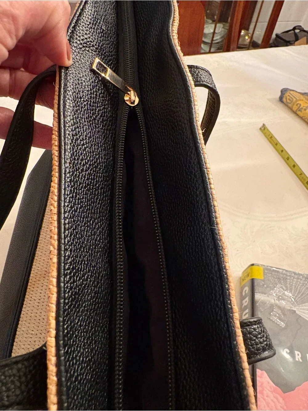 Woven Straw Tote Bag with Black Trim